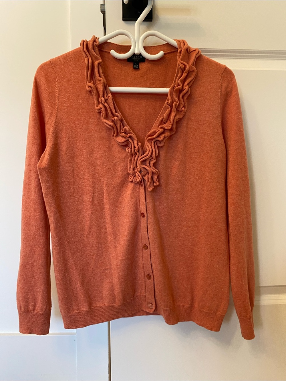 Talbots Petites Coral Ruffle V-Neck Button Cardigan